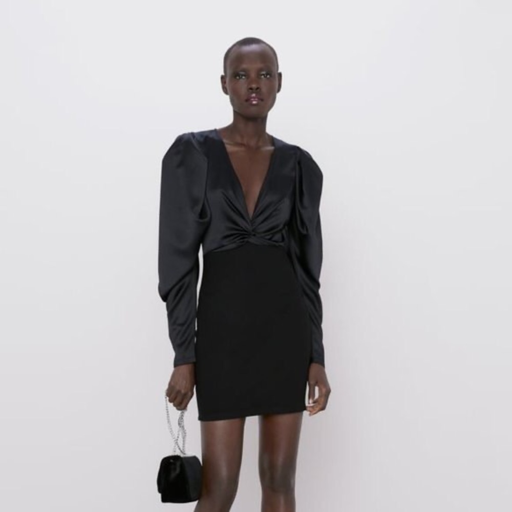 Zara Black Puff Sleeve Dress Knotted V Neck Small